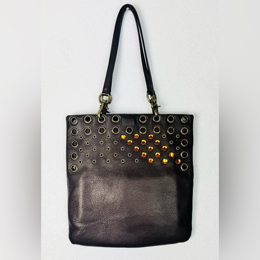 Hobo Brown Leather Shoulder Bag Embellished Citrine Yellow Gem Stones Clean EUC - Picture 1 of 11